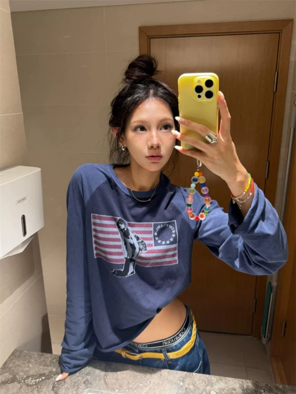 Retro American Color Block Long Sleeve T-Shirt Women's Loose Fit Slimming Top Shoulder Insert Flag Print Casual Cotton Tee