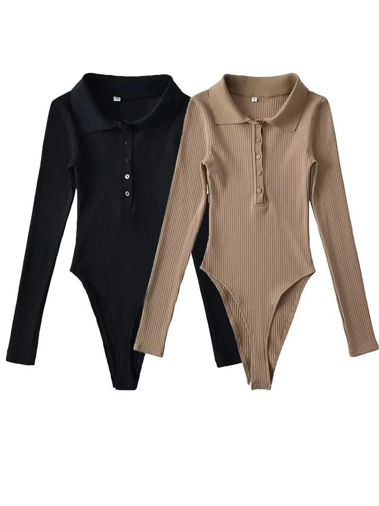 Women Turn-down Collar Buttons Bodysuit Rib Knitted Elastic Slim Tops Jumpsuit