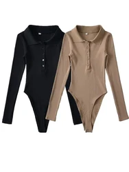 Women Turn-down Collar Buttons Bodysuit Rib Knitted Elastic Slim Tops Jumpsuit
