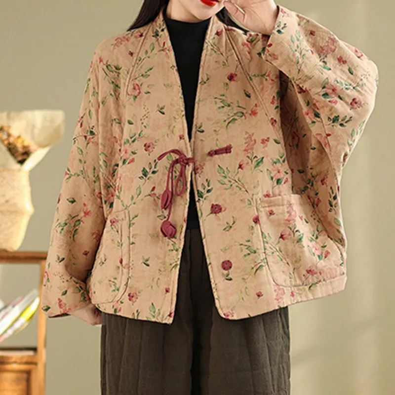 Chinese Style Thick Warm Casual Coats Women New 2024 Autumn Winter Vintage V-neck Floral Print Female Cotton Jackets B2065