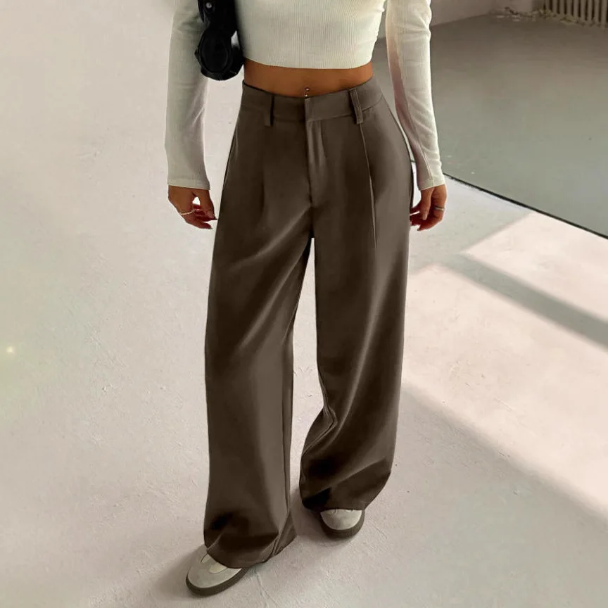 Long Suit Pant Women Loose Wide Leg Pants High Waist Straight Trousers Y2k Streetwear Pleated Solid Elegant Work Casual Summer