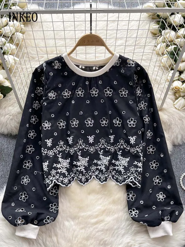 

Fashion Hollow out embroidery tops Women 2024 Autumn Long sleeve Floral T-shirt Pullover Cropped hoodies Spring INKEO 4T057