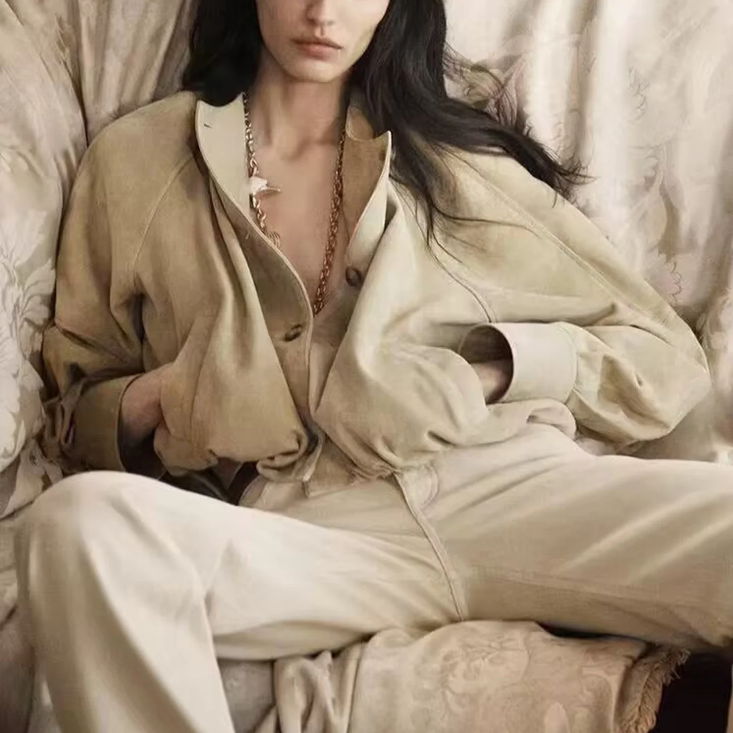 جاكيت نسائي أنيق من الجلد الخالص، تصميم صيفي جديد من Z، نمط عملي فضفاض بأكمام طويلة وياقة مستديرة وإغلاق بالأزرار
