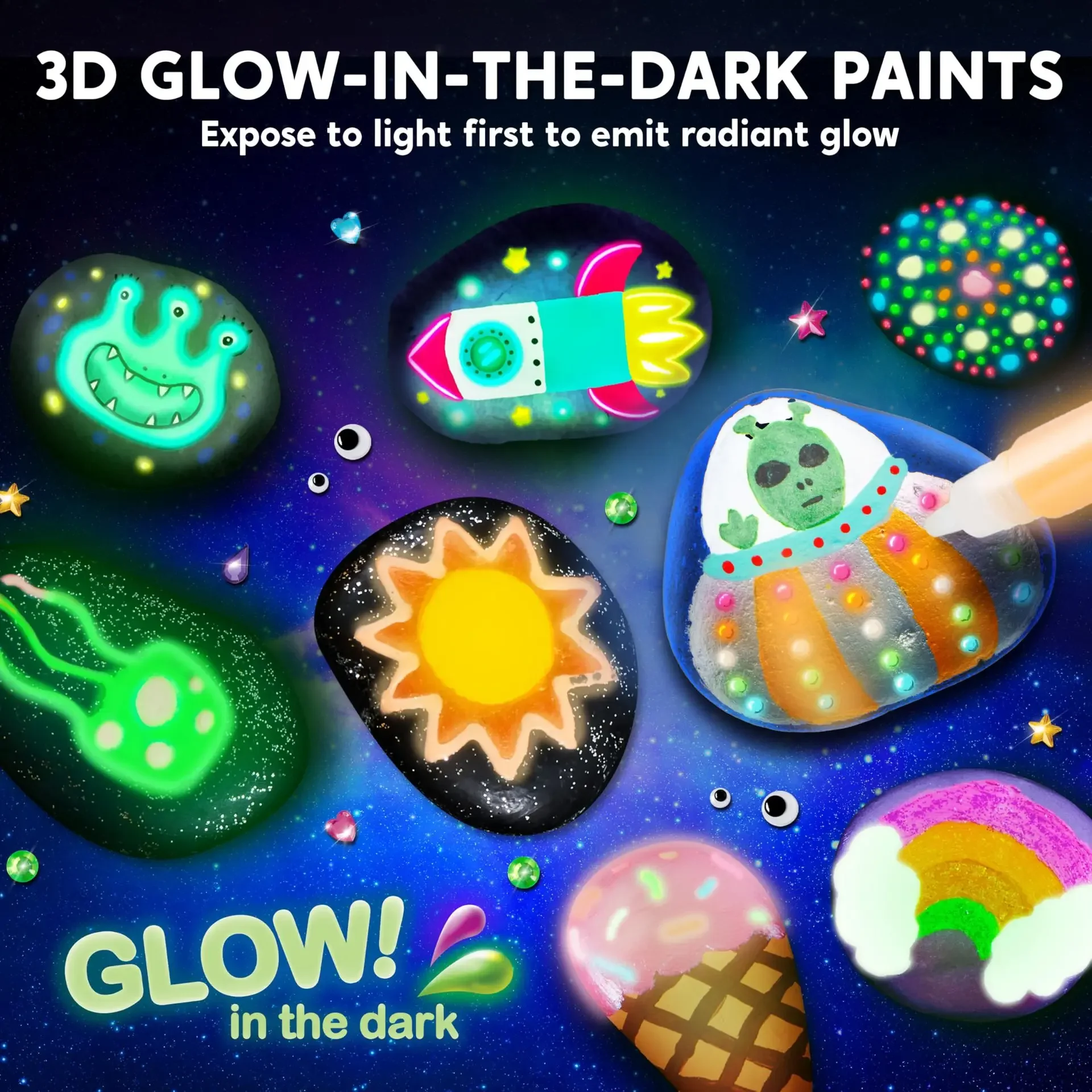 Kids Glow Rock Painting Kit, Non-Toxic DIY Stone Painting Craft Set with Stones Creative Gift for Children