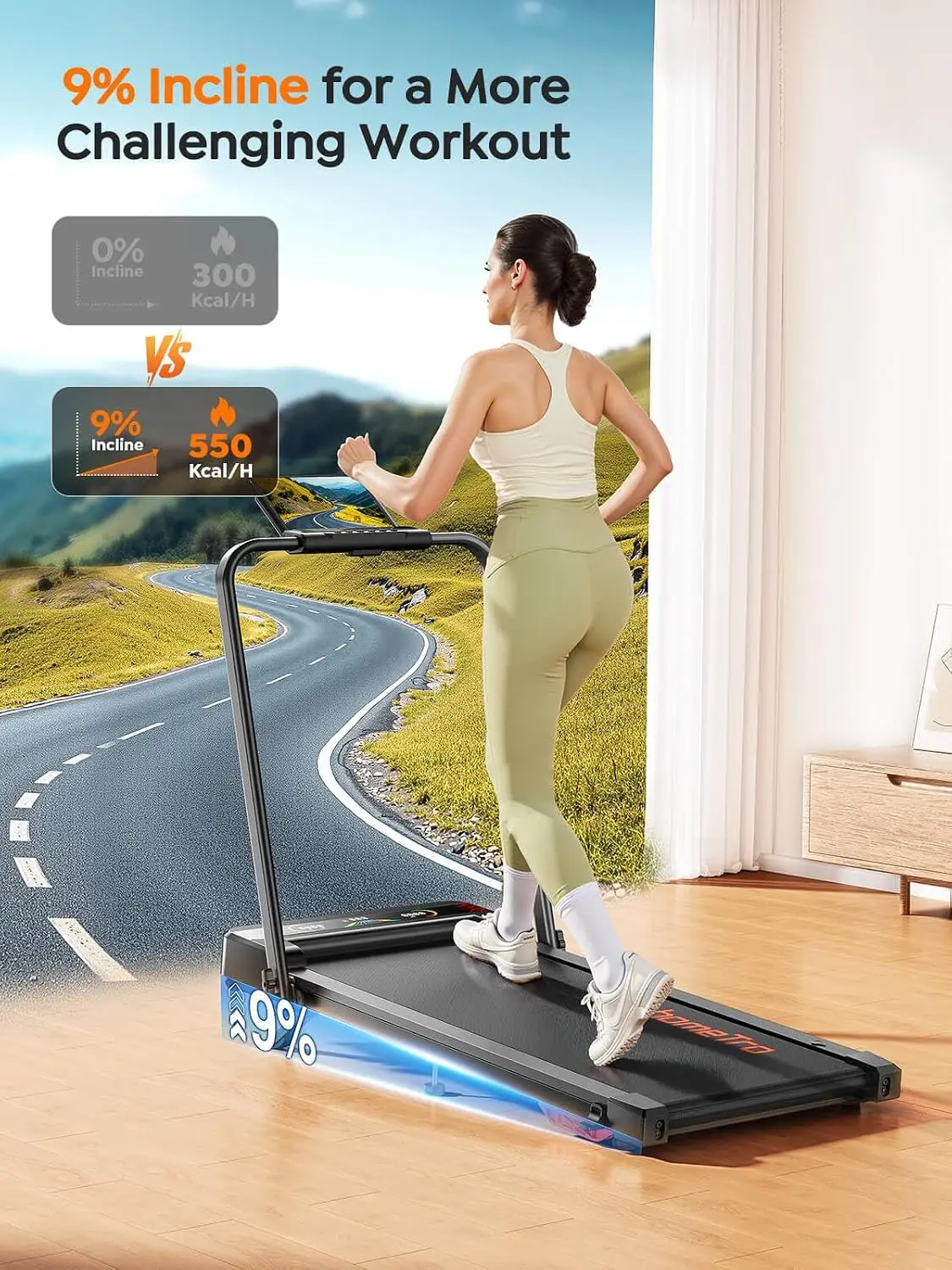Walking Pad Treadmill with 9% Incline & Dual LED Display, 4 in 1 Foldable Treadmill with Handle bar for Home/Office, 3.5HP Porta