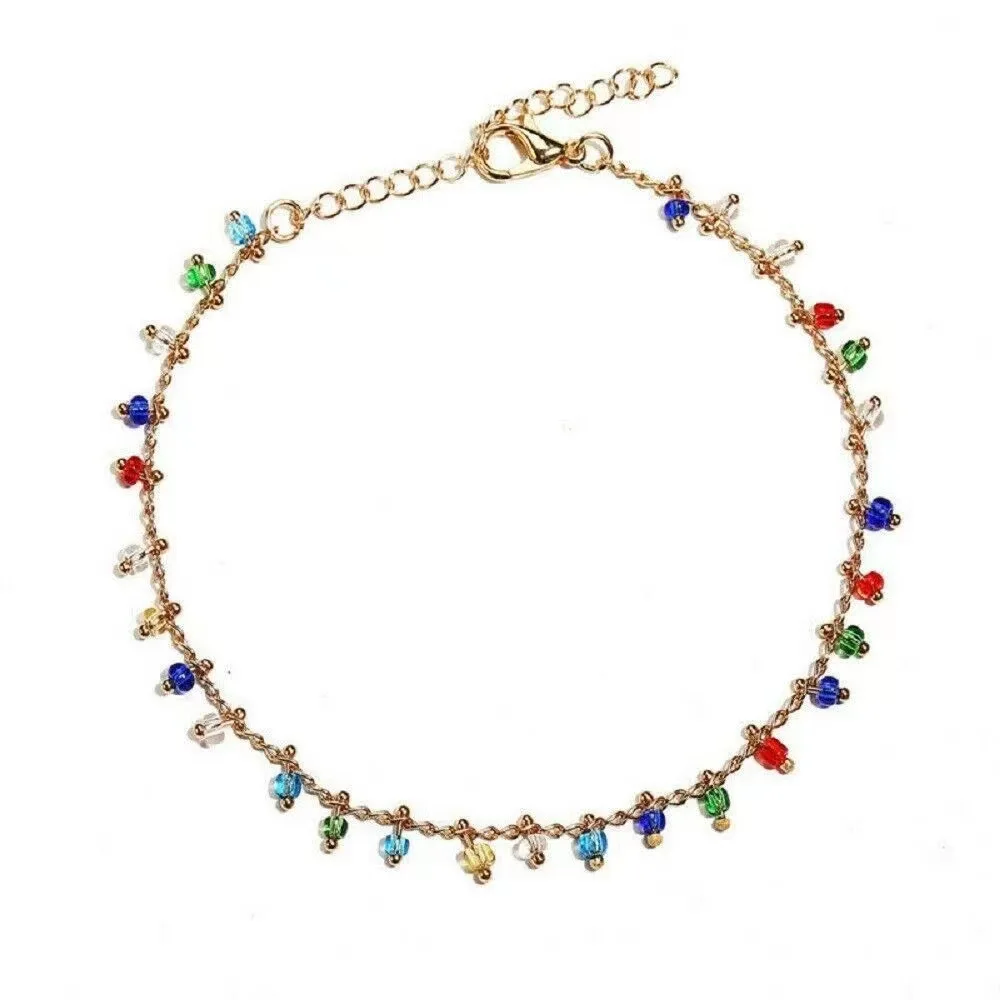 Rainbow Color Crystal Anklets Bracelets for Women Ethnic Style Chain Anklet New Fashion Simple Charm Foot Jewelry Janedream