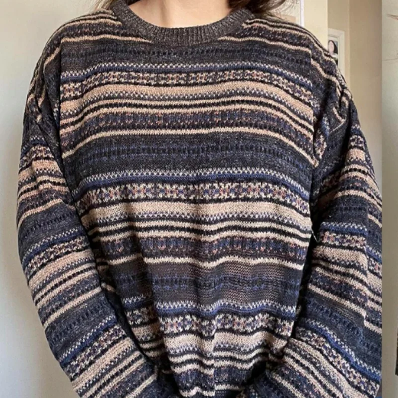 

Basic Women's Vintage Spring Autumn Knit Sweater y2k Long Sleeve Retro Crewneck Casual Striped Grunge Knitwear