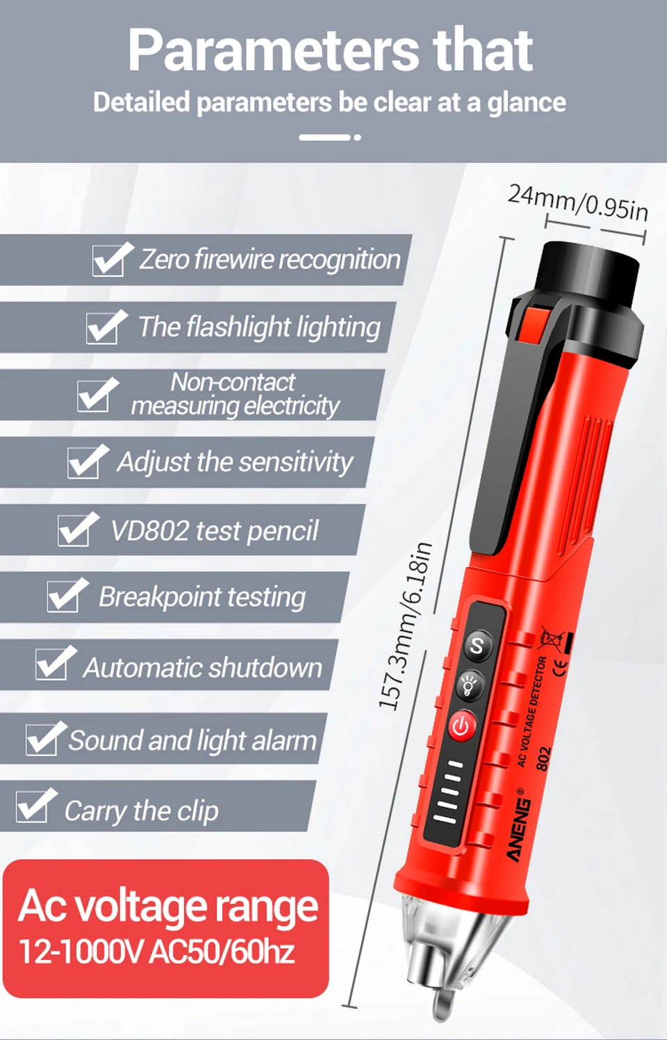 ANENG Spannungsprüfer-Stift 12-1000V AC Berührungsloser Induktionsdetektor VD802 Unterbrechungspunkt- und Phasenfinder Steckdosendetektor-Werkzeug – Detail 13