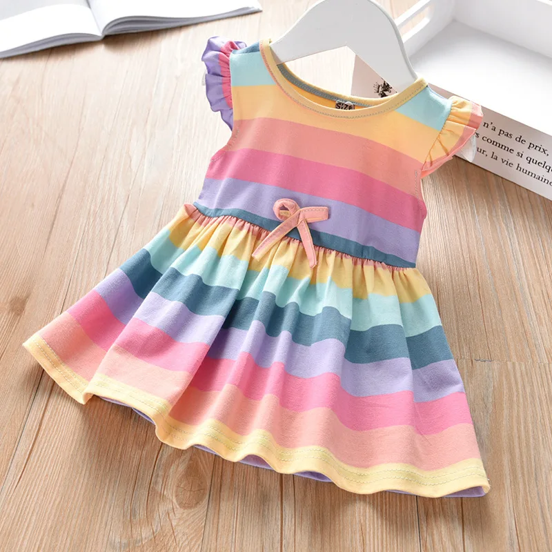 Children Dress Summer O-Neck Kids Clothes Rainbow Stripe Behind with Wing Toddler Baby Girls Casual Clothing Vestido Ocasional