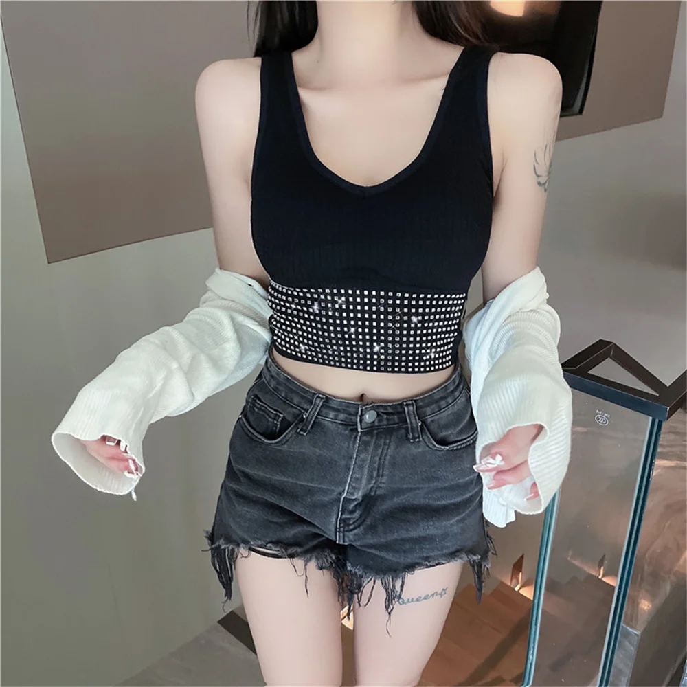 Summer Crop Top Women With Rhinestones O-neck Sleevelss Cropped Feminino Camisole Vest Sexy Knit Backness No Rims Tee Top Corset