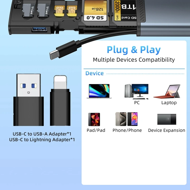 محول بطاقات متعدد الوظائف للكمبيوتر الشخصي ، عالي السرعة من النوع C ، قارئ بطاقات تخزين محمول من الألومنيوم ، SSD ، Tf3.0 ، 13 في 1
