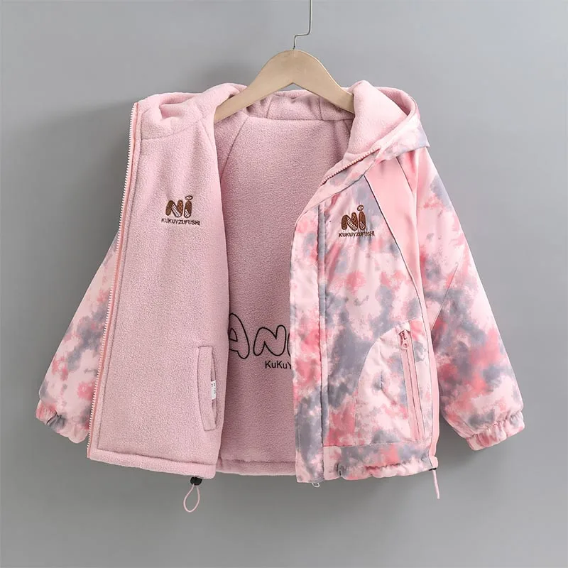 Kids Fall And Winter Teen Girl Tie Dye Reversible Hooded Jacket Letter Print Double Sided Windproof Coat Waterproof Outerwear
