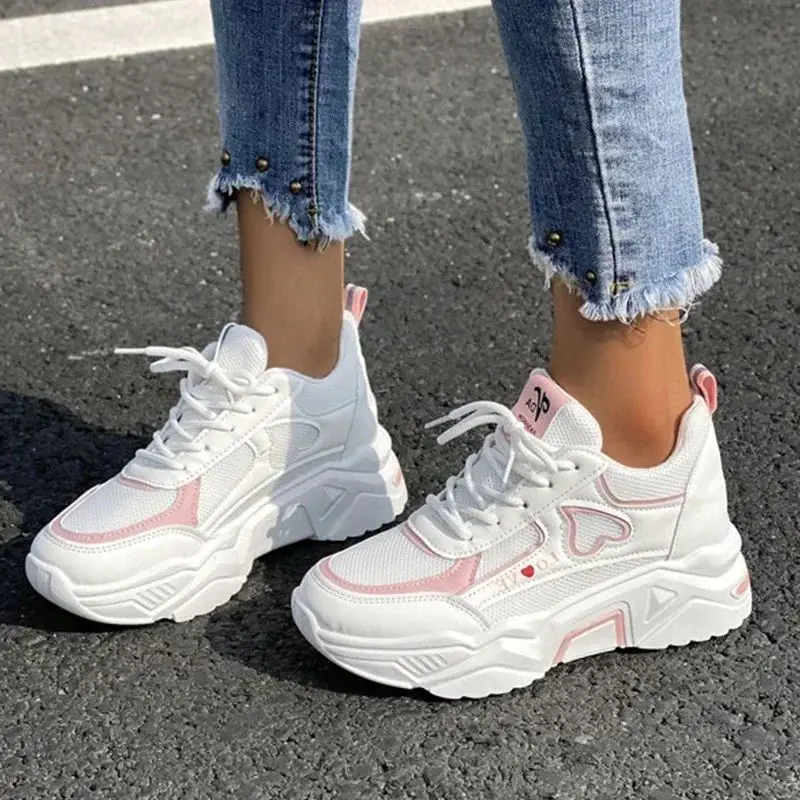 heart white pink platform sneakers Lace-up Front Wedge Sneakers Women Breath Thick Bottom Shoes Lace-Up Flat Leisure Shoes