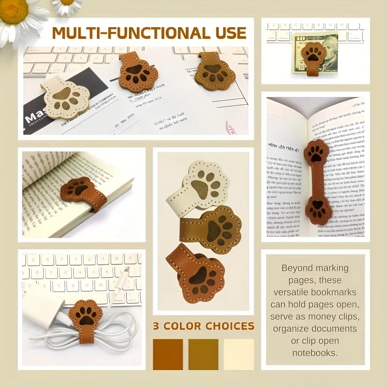 3 قطع من الإشارات المرجعية المغناطيسية المصنوعة من جلد البولي يوريثان على شكل كلب لطيف - جلد PU باللون الأبيض والبني والأسمر مع تصميم مخلب منقوش، مثالي لمحبي الكتب