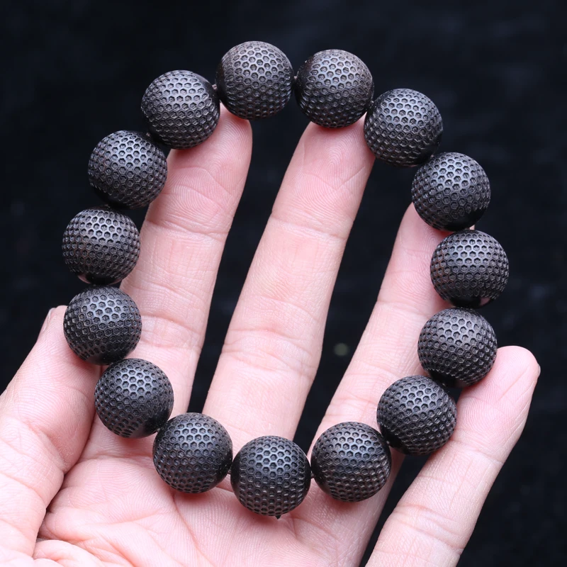 Natural ebony 20mm wood bead Bracelet Men\'s beaded carved black Good luck stretch bracelet