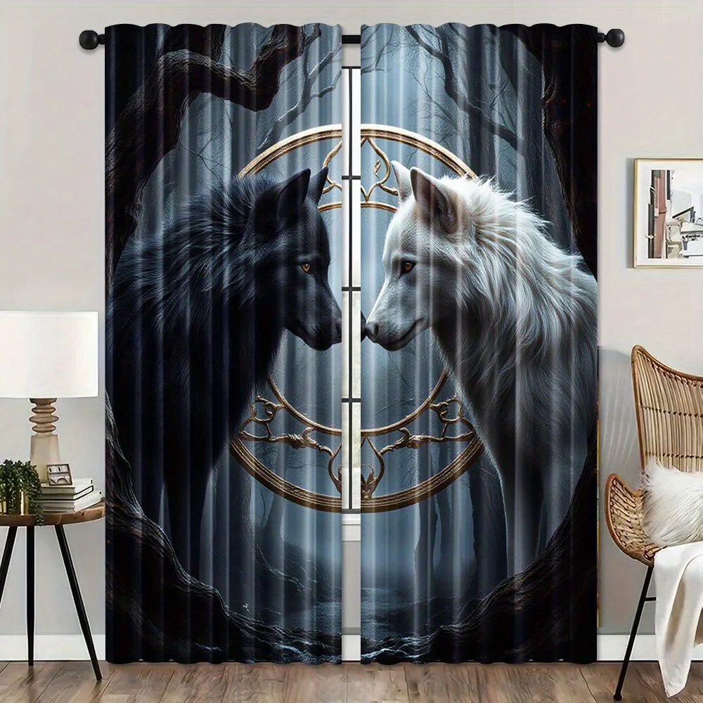 Yin Yang Black White Wolf Curtain 2 Panels, Twin Wolves Golden Circle Misty Forest Background Print, Drapes for Bedroom Curtain