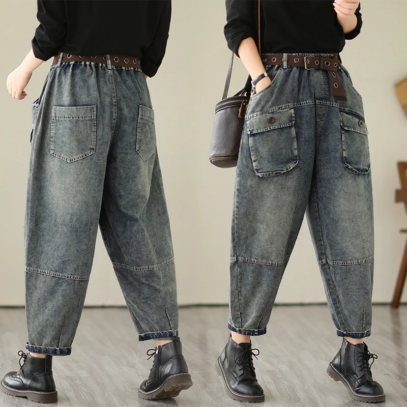 

6226 Spring Fall Fashion Women's Vintage Denim Pants Female Cotton Padded Multi Pockets Ankle Length Jeans Casual Harem Trousers