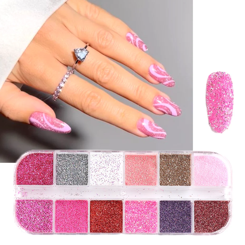 12 Grids Glitter Nails Powders Sand Effect Shining Pigment Abrasive Dust For Manicure DIY Material Nail Art Decorations #12G-BAI