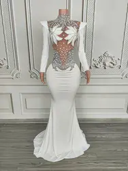 Women Luxury Crystal Pearl White See Through Mesh Dress Evening Party Elegant Dress Singer Stage Performance  Photoshoot Dress