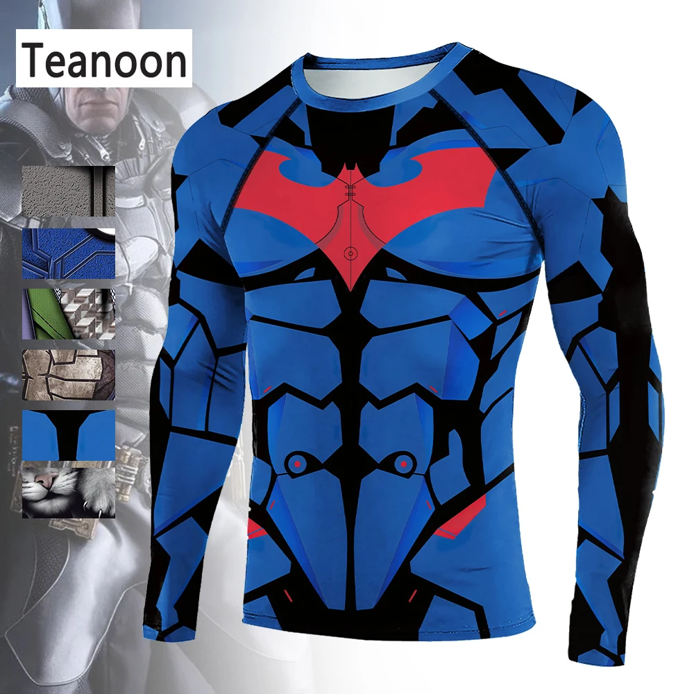 Super Bat Mens Compression T-Shirt Long Sleeve Tight Fitness Gym Sports Digital Printed Running Shirts Hero Jerseys Cosplay Top