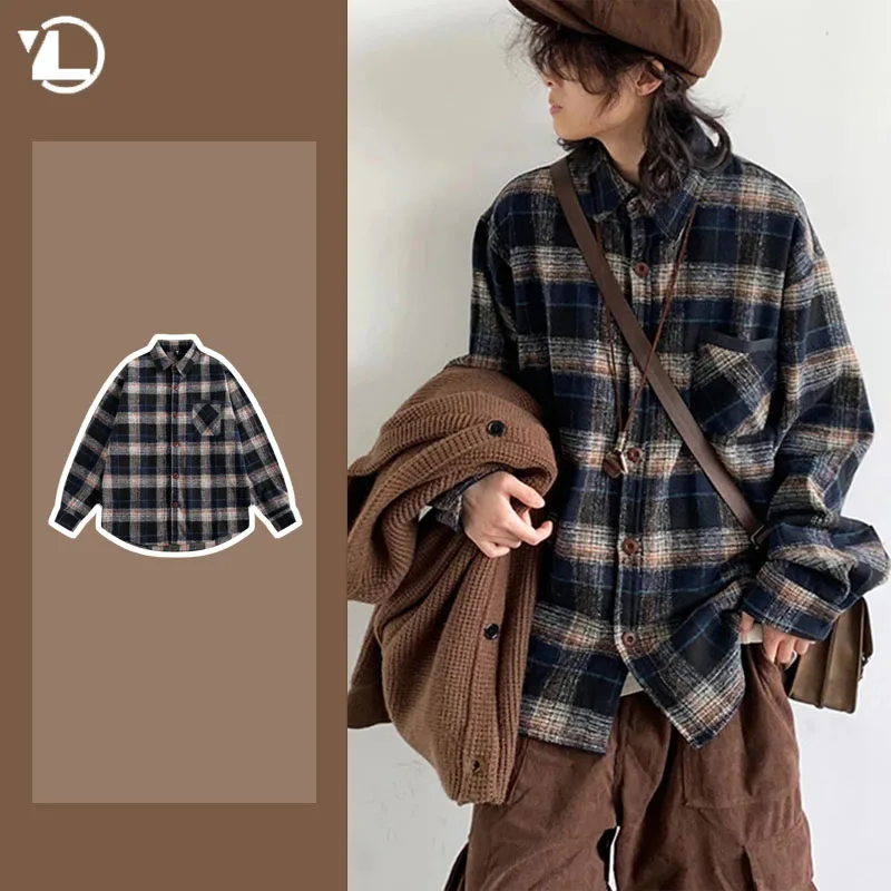 

Japanese Vintage Mens Shirts Spring Autumn Unisex Plaid Pattern Woolen Long Sleeved Top College Couple Loose Lapel Camisa Hombre