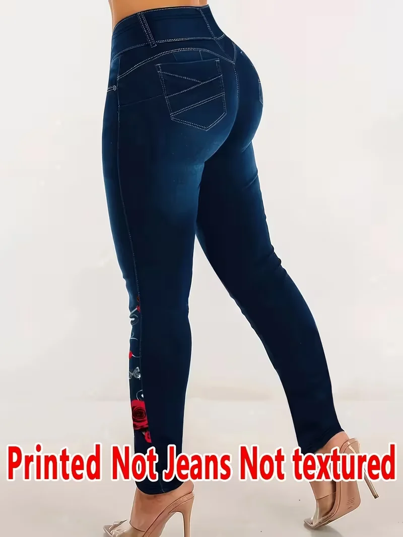 Bedruckte Leggings für Damen, kein Denim-Stoff, Hosen mit aufgesetzter Tasche und Knopfdruck-Design, hochelastisch, modisch, schmal geschnitten, lässig – Detail 3