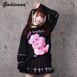 Japanese Mine Style Harajuku Printed Black Sweatshirt Men and Women's Loose T-shirt Off-Shoulder Zipper Long Sleeve Hoodie Tops