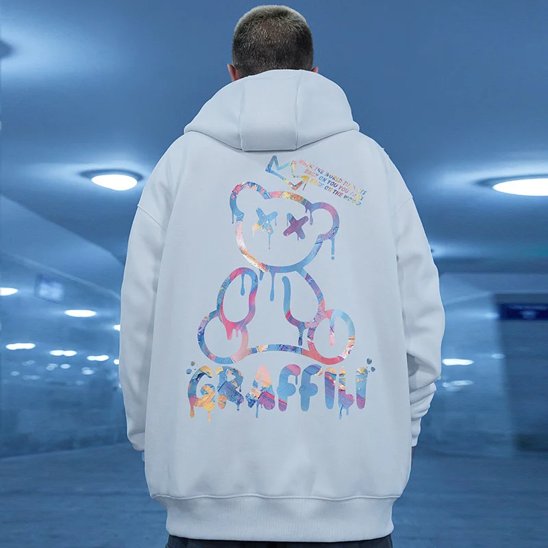 High Street Graffiti Bear Print Men\'s Fleece Hoodie Retro Autumn Casual Pullover Hooded Sweatshirts Hip Hop Y2K Hoodies Clothes