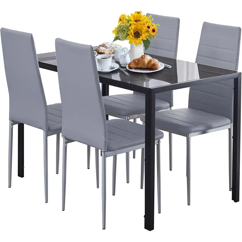 

5-Piece Black Dining Table with Gray Chairs Set or 4-Person Glass Kitchen Table with Leather Chairs for Compact Dining Spaces