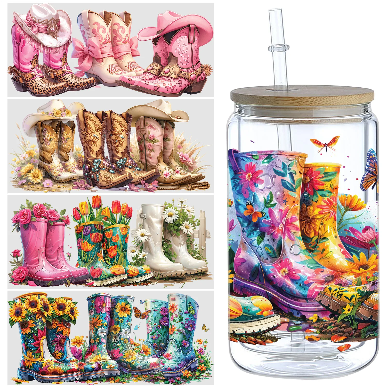 

5pcs cartoon pattern UV DTF cup stickers, DTF friction transfer stickers, waterproof transfer stickers for 16oz glass cups