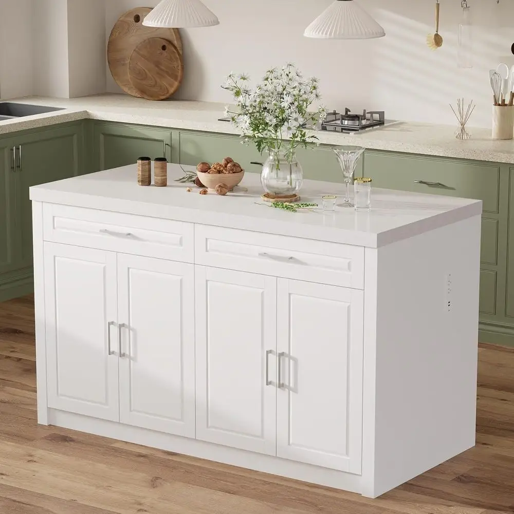 

60-Белый кухонный остров с розеткой, шкафами для хранения, регулируемыми полками, барным столом, обеденным вариантом