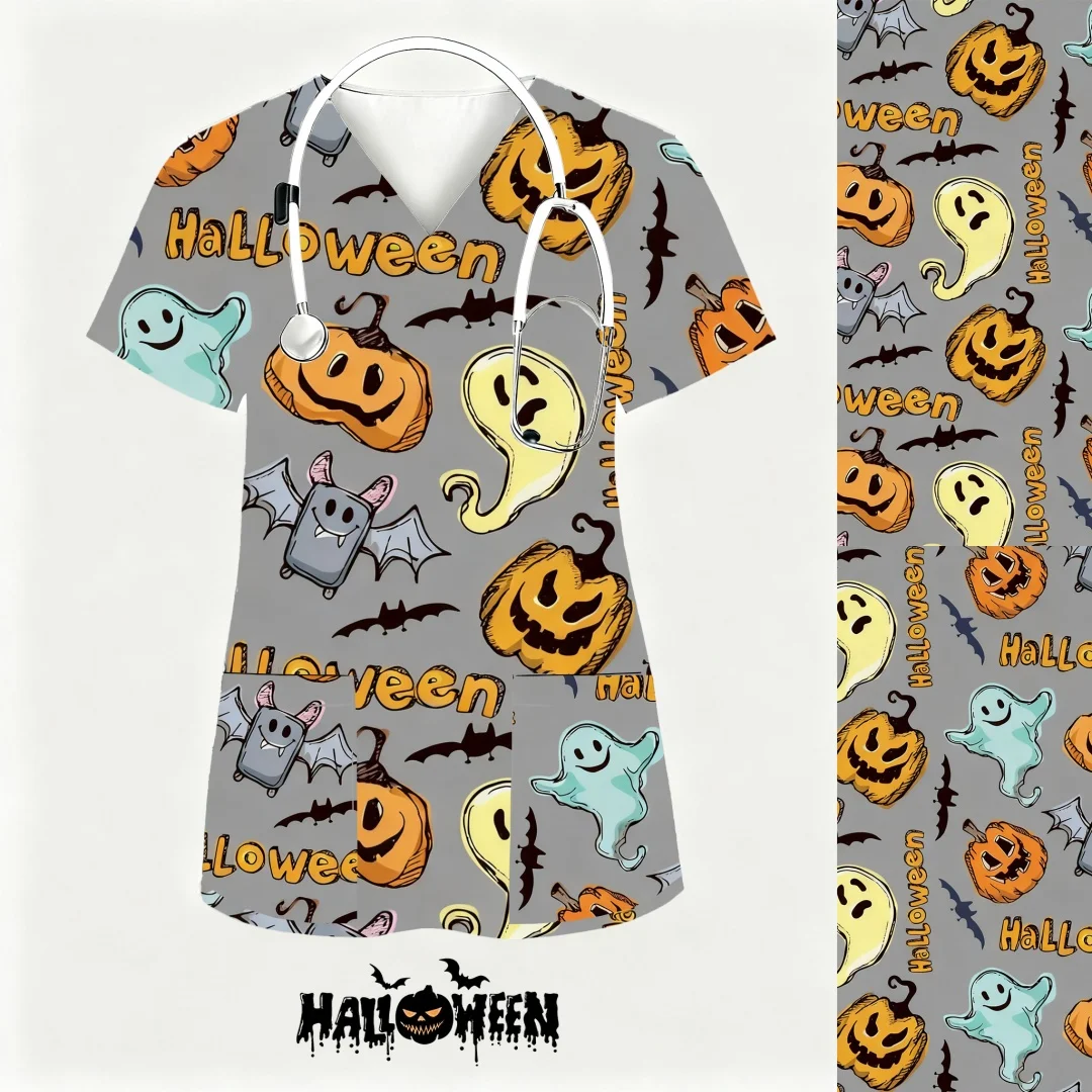 Uniforme clínico feminino halloween abóbora padrão impressão uniformes médicos mulher uniformes de enfermagem roupas de trabalho de manga curta