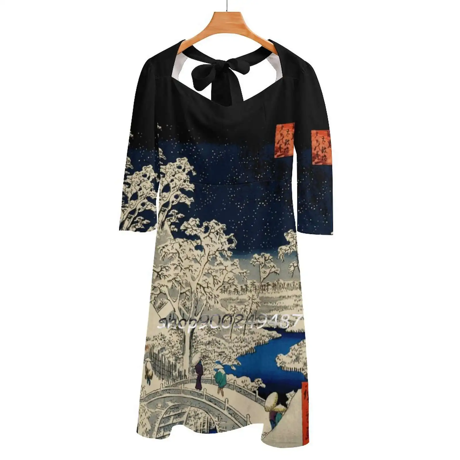 Ukiyo-E , Ando Hiroshige , Yuhi Hill And The Drum Bridge At Square Neck Dress New Plus Size Elegant Women Waist Tight Dress