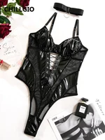 CHILLGIO, monos sexis de malla de PU con tiras, monos ajustados con cordones, peleles ajustados huecos, combinación de una pieza a la moda