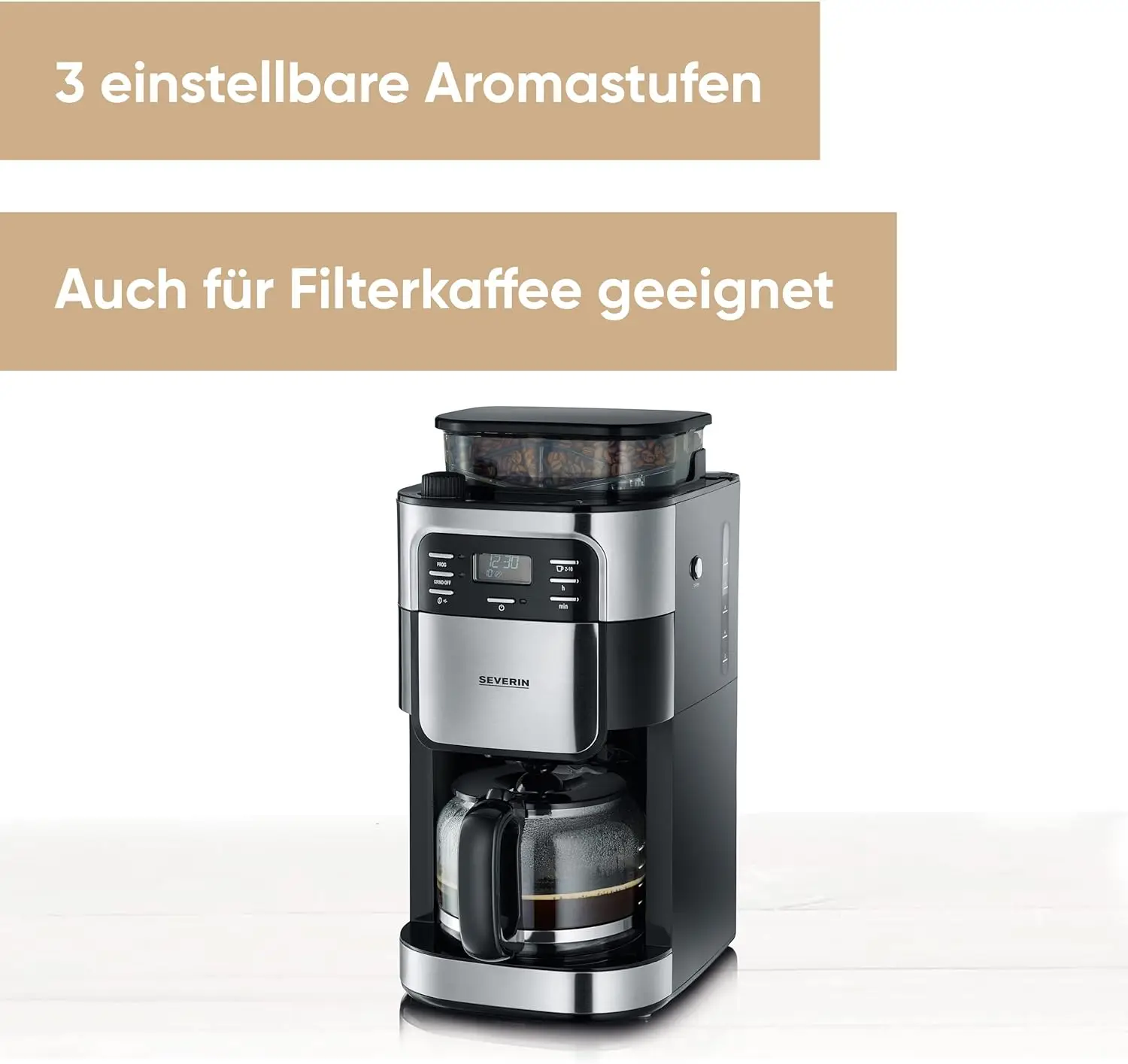 SEVERIN Kaffeemaschine mit Mahlwerk, Kaffeeautomat mit Glaskanne und Timer-Funktion, auch als Filterkaffeemaschine, Glas-Kaffeek