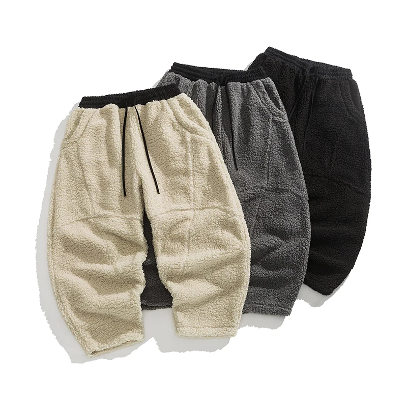 2024 Winter Thickened Pants Men Warm Retro Lamb Wool Pants Men Oversized Streetwear Loose Straight Pants Mens Warm Trousers