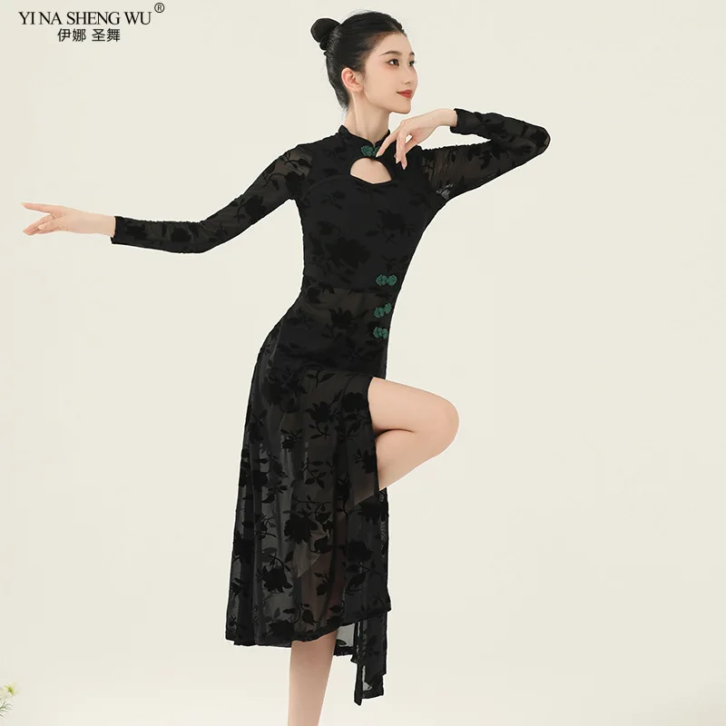 Qipao Traditional Cheongsam Dance Costume for Women Hollow Out Black Printing Bodycon Qipao Slim High Split Evening Prom Dress