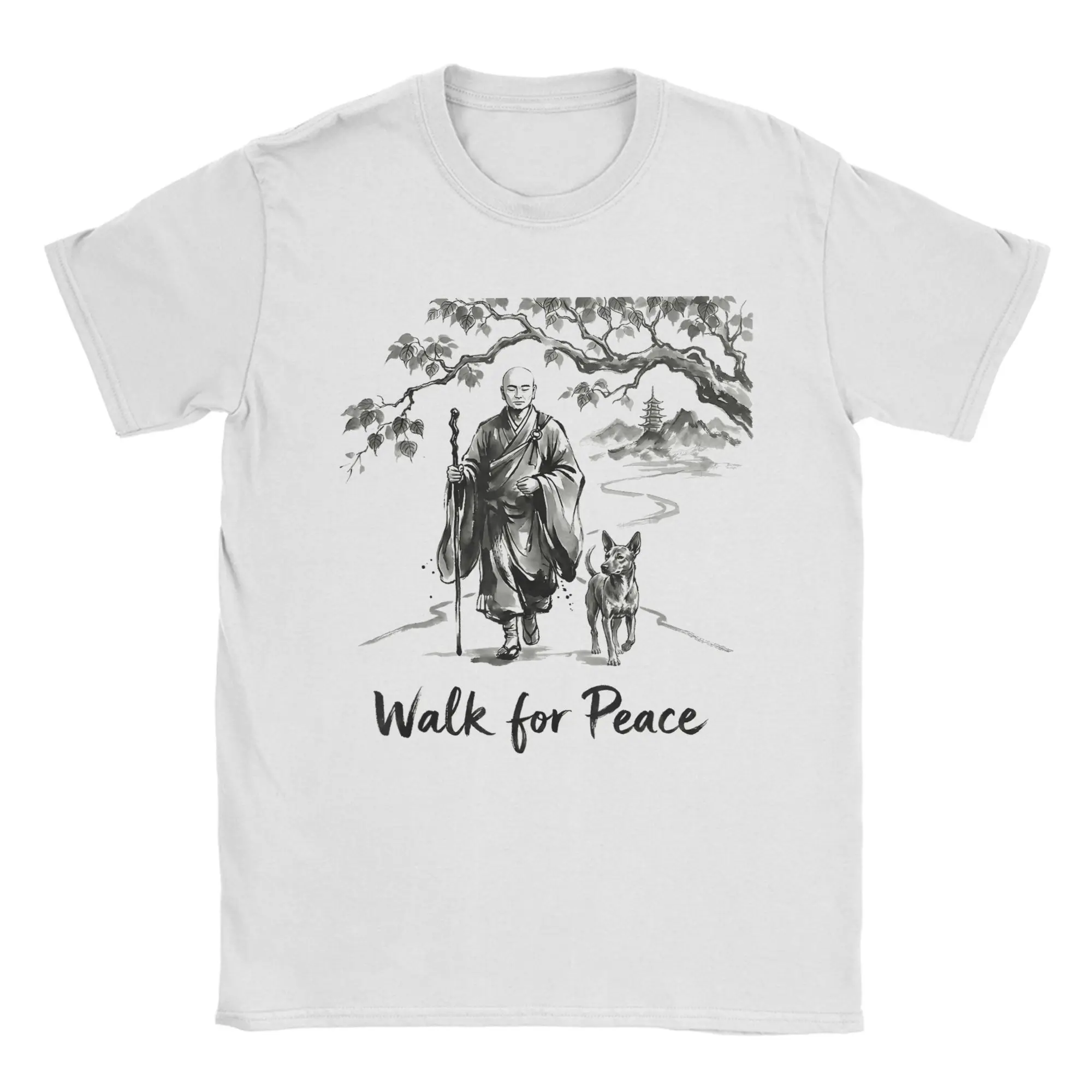 Men Walk for Peace Monks with Aloka Dog Ink Wash Zen Drawing T Shirts Clothes Short Sleeve Crew Neck Tee Shirt Graphic T-Shirt