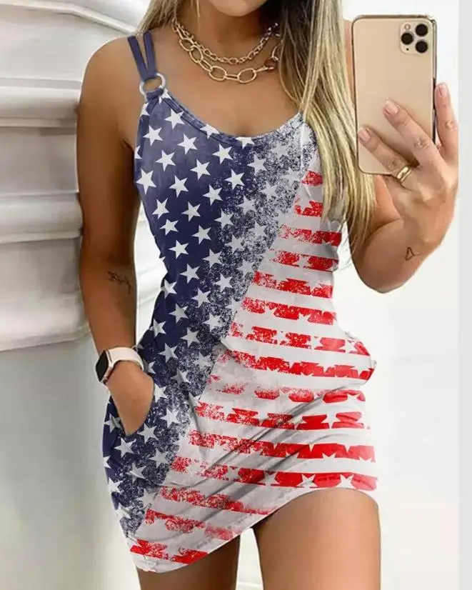 

Women's Dress 2024 Summer Daily Casual Vacation Flag Print V-Neck O-Ring Strap Sleeveless Pocket Design Straight Mini Dress