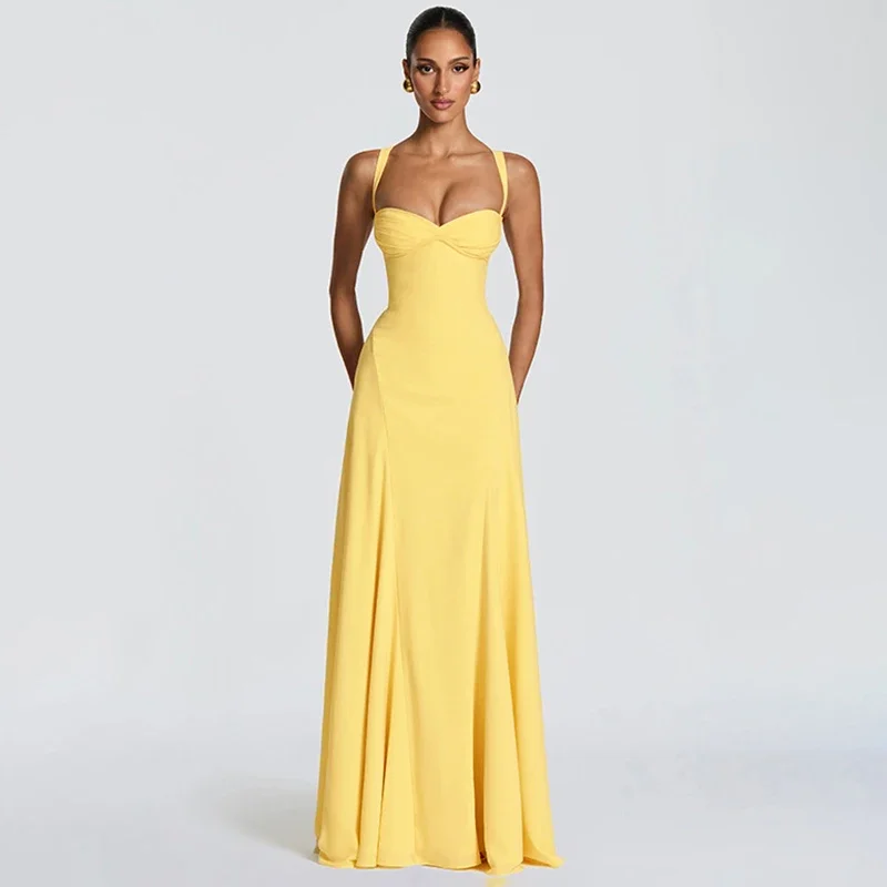 

Sleeveless Back Cross Suspender Dress Women's Sexy Plunge Maxi Dress Banquet Vacation Clothes Fashion High Waist Slim