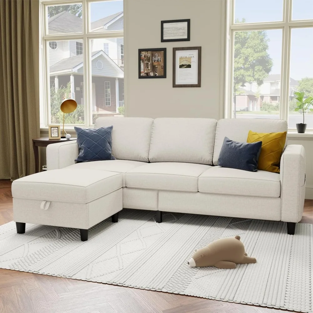 

Sectional Sofa Couches for Living Room - 78''L Shaped Beige CoucLinen-Pet Friendly Modular 3-Seater Convertible Sofas-