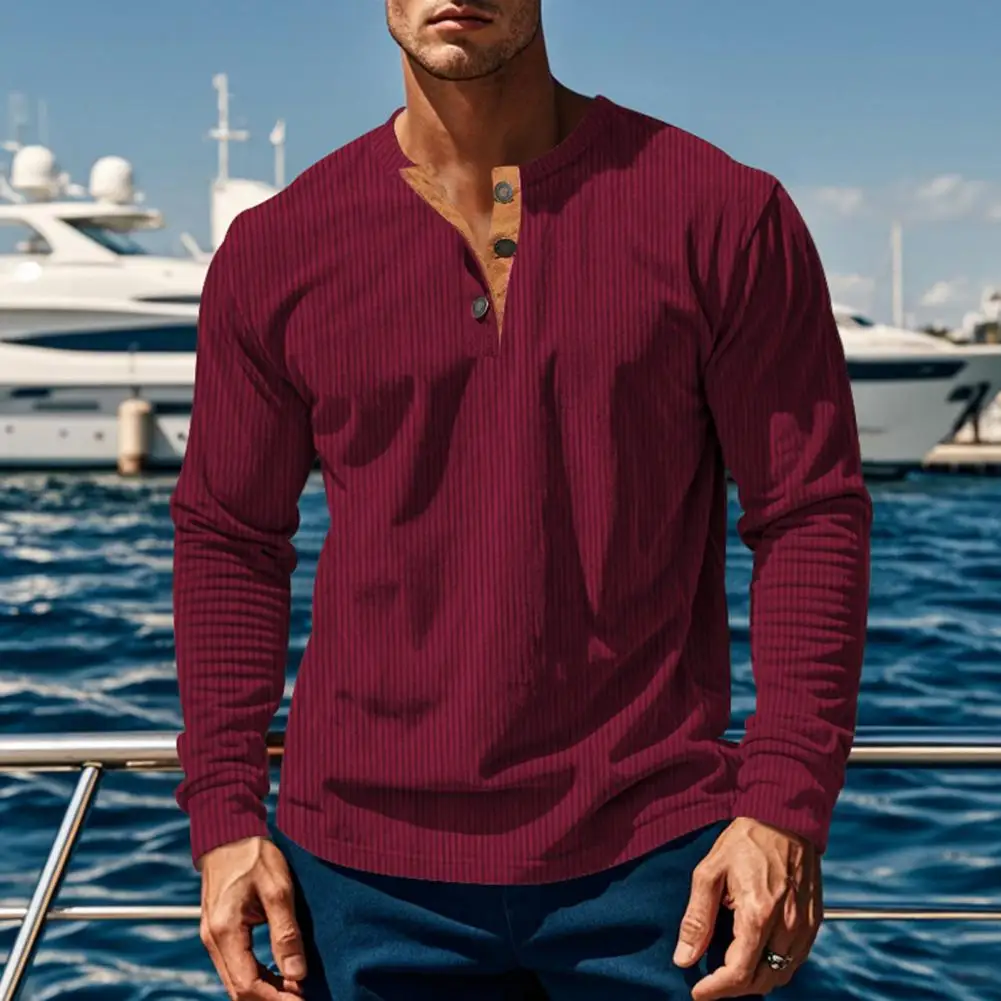 T-shirt basic da uomo slim fit Magliette casual Camicie a maniche lunghe waffle Camicie in cotone traspirante con mezzo bottone termico solido