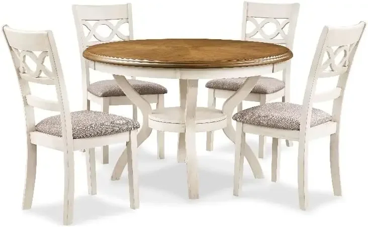 Cori 5-Piece Round Dining Set with 1 Table and 4 Chairs, Beige and Brown