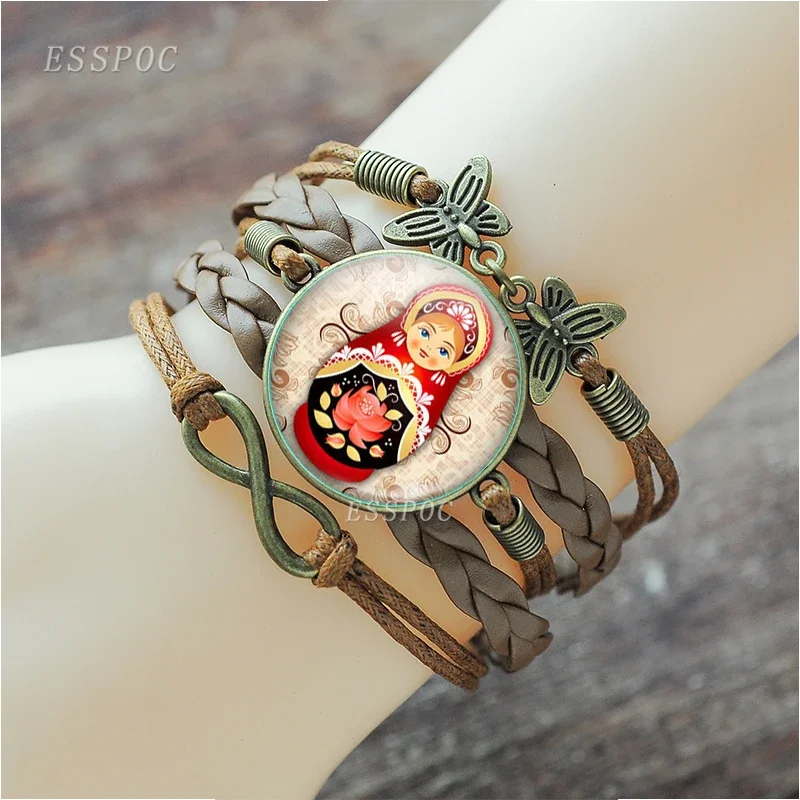 Brown Color Russian Matryoshka Babushka Nesting Dolls Picture Glass Cabochon Leather Charm Bracelet Bangle for Girls