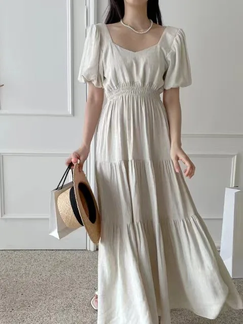 

Chic Summer Long Dr Women's Faion Item Bubble Sve Waist Cinched Dr Commute Sle ort Sve Other Material 00%