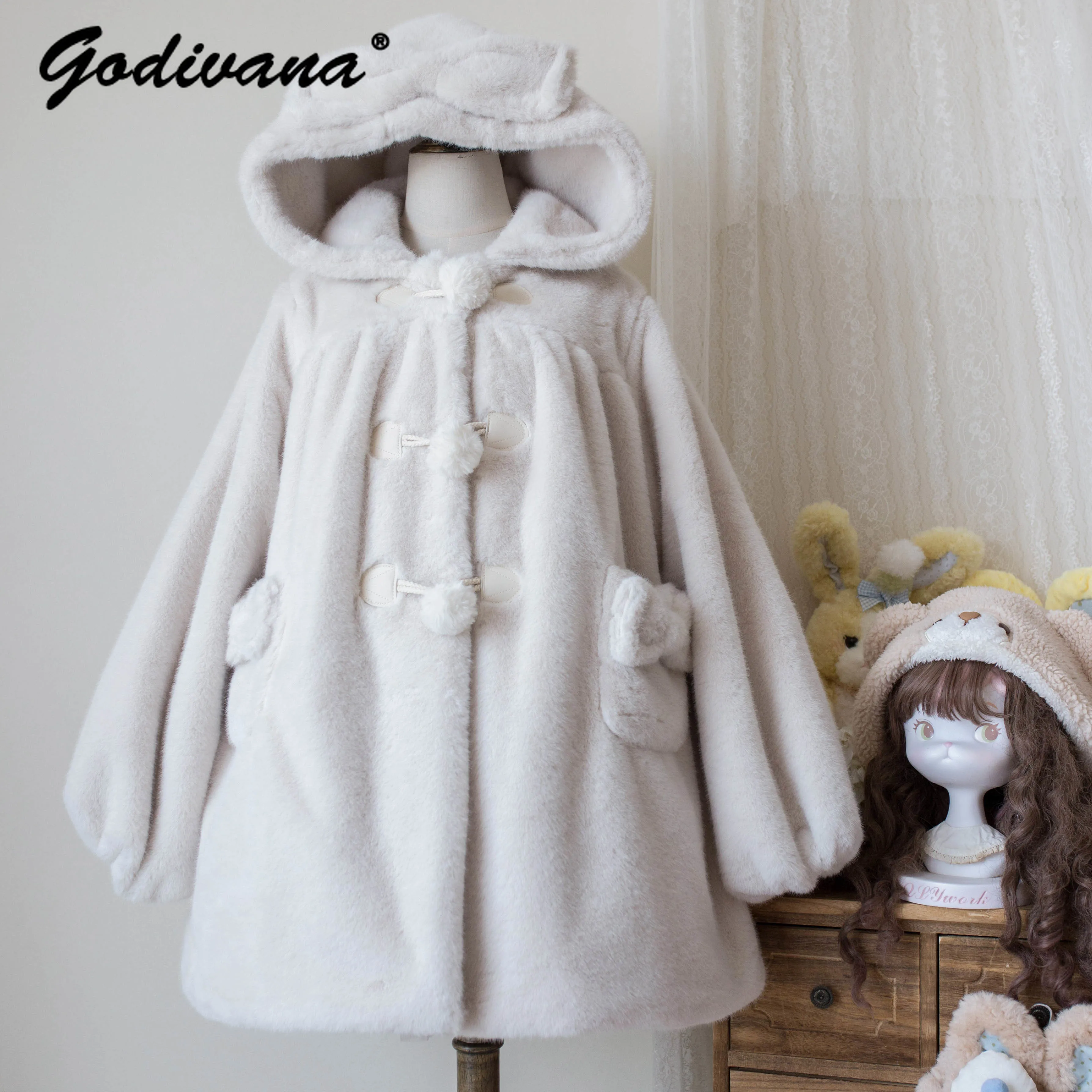 Thickened Autumn and Winter Hooded Mink Fleece Jacket Lolita Sweet Cute Girl Women's Plush Jacket Loose Furry Warm Coat Parkas