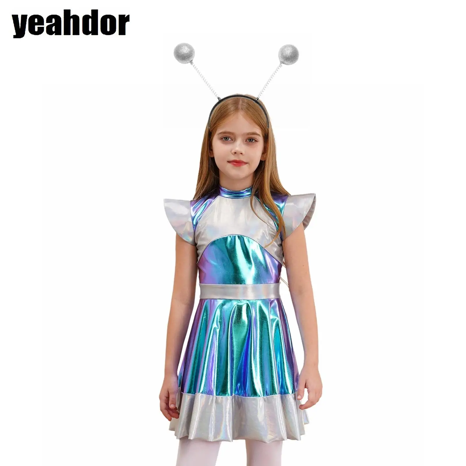

Kids Girls Halloween Alien Cosplay Costume Outer Space Dress with Funny Alien Hair Hoop A Line Tutu Dress for Future World Party
