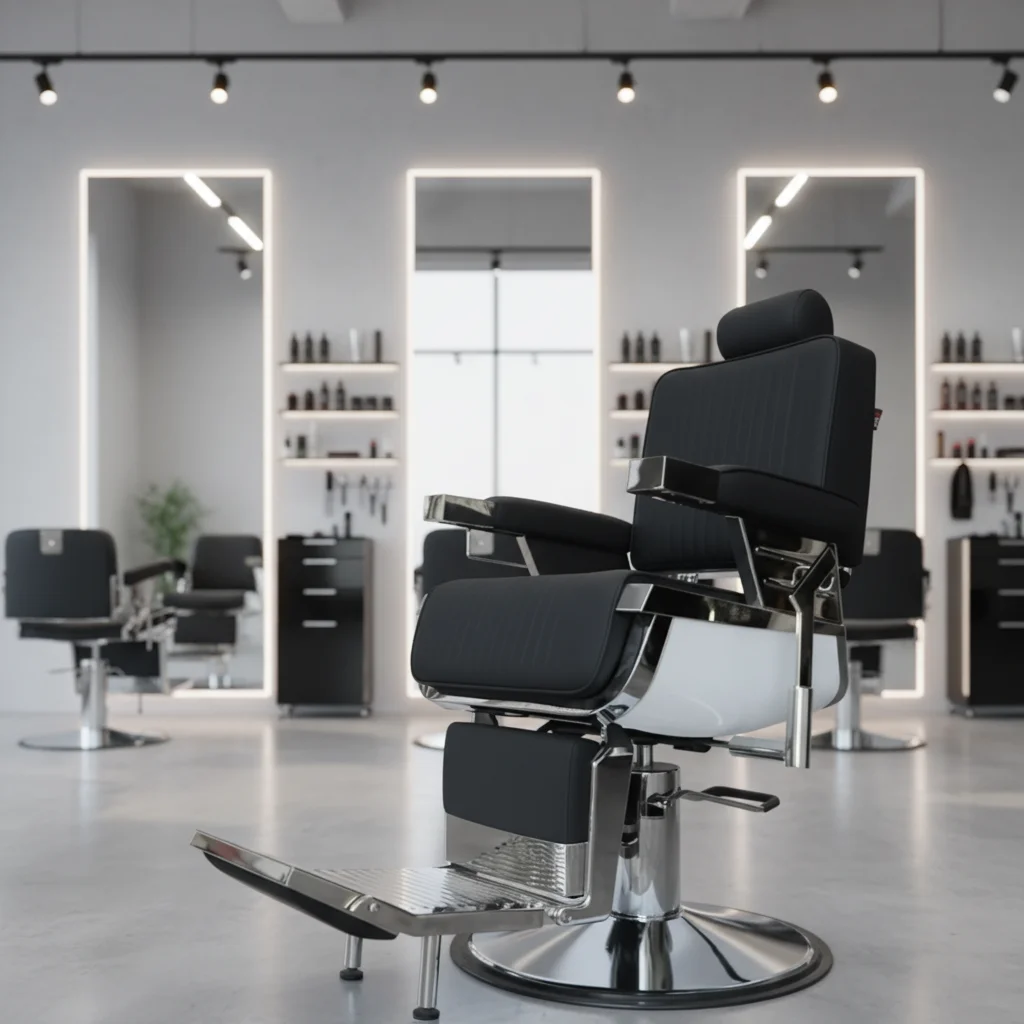 

@#2026 High Quality All Black Barber Chair Synthetic Leather with Wheels for Tall Barbers