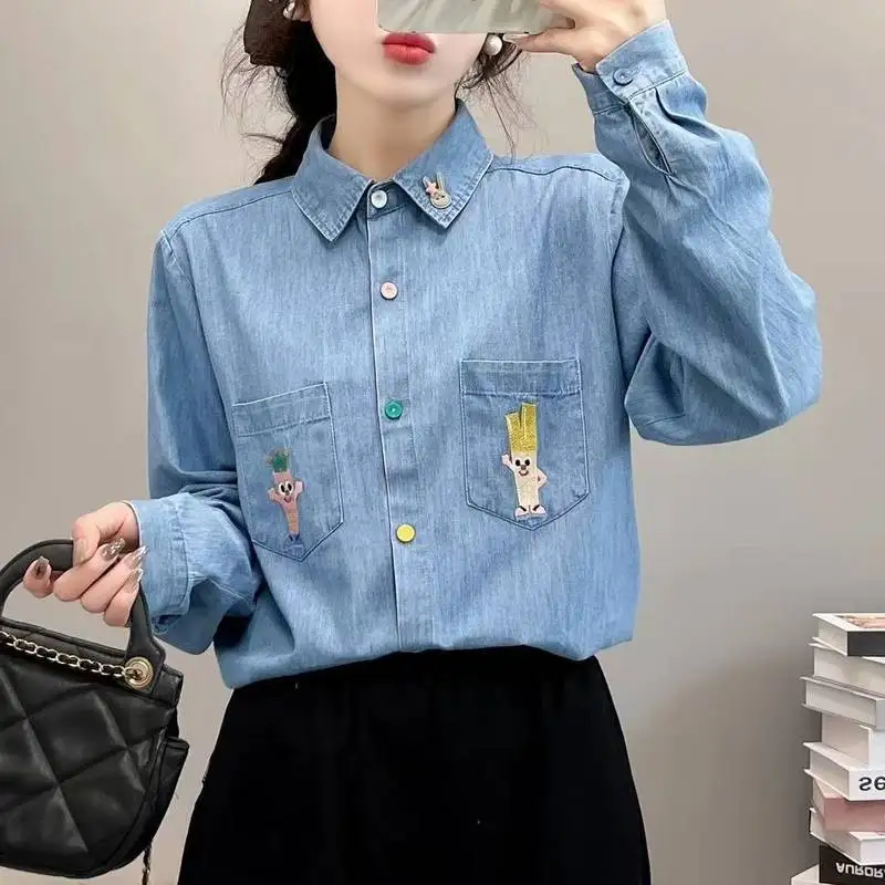 Chemise en Denim à manches longues pour femmes, col rabattu, broderie coupée, Mori Girl French Sweet INS, chemisier ample, nouvelle collection automne 2025 T5O824CC