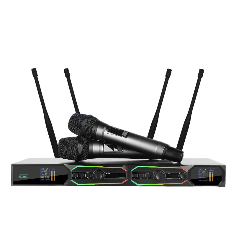 Xtuga GA808 Professional UHF Karaoke Home Singing Dynamic  Wireless Antenna Diversity Microphone With RGB Light for Church